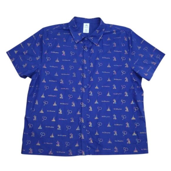 NWT Men's Disney 50th Anniversary Camp Shirt Iridescent Mickey Magic XL Blue - Picture 2 of 9